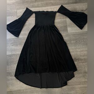 Off shoulder smocked bodice velvet black dress On the Road Neiman Marcus medium